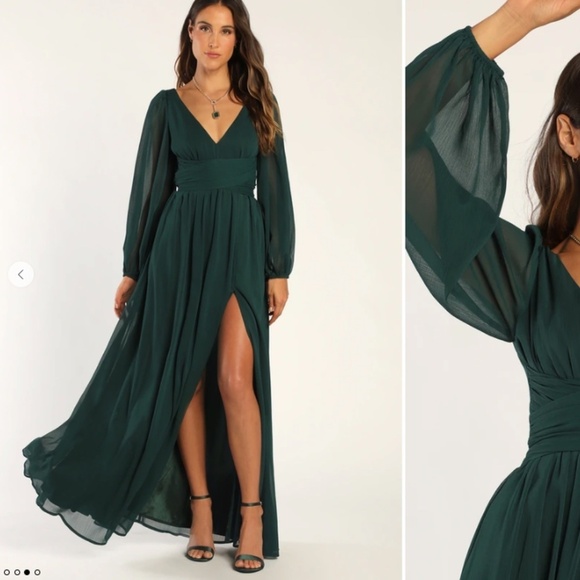 LULU's Sexy Elegant Long Sleeve Romantic Flowy Bridesmaid Wedding Formal Gown - Picture 3 of 6